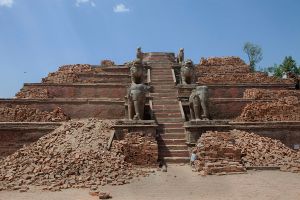 The rubble of a temple in Bhaktapur Durbar square, Nepal on 5 May 2015.