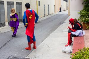 Three comic fans take a break at Barcelona´s Comic Book Hall. Barcelona. 2016
