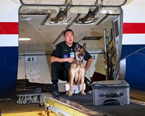K9 and Handler Inspecting Commercial Airliner