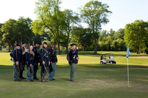 Kenneth Daniel, Stephen Evans, Lewis Robinson, Marvin Greer, Dylan Woodliff, James Hayes Jr. and Jeff Ballentine on the site of The Battle of Peachtree Creek, now Bobby Jones Golf Course, Atlanta, 2014.