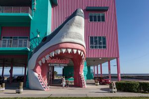 Sharkhead's Souvenir Store, Completely Rebuilt after having been Destroyed by Hurricane Katrina, Biloxi, Mississippi, 2014. Elevation Eight Feet. N 30.39304 W 88.93968.