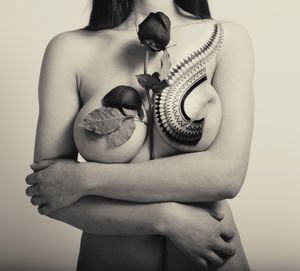"Life After the Thorns" – This second photograph reflects the break from innocence. It is a second paragraph to the 10-stage design of the project. It is an allegory for the falling of man from God's grace. The same as the breasts are the model for femininity, the cancer which seeps through our lives in our detachment from spirituality in our falling is conveyed via the remaining scar.