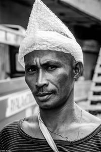 The man with the bubble wrap hat