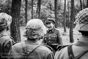 An Indonesian man dressed up as a German Waffen-SS lieutenant addresses soldiers in formation during a gathering of re-enactment enthusiasts in Cibubur, East Jakarta, Indonesia.