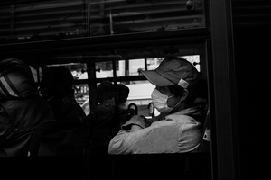 A man sleep in a bus in Shinjuku ward