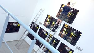 Installation preparation with Curator Janez Sever, SJ, view of site-specific photographic exhibition at M'ARS Contemporary Non-Profit Gallery, Moscow
