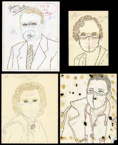 "from the PPE mask series (businessman, woman with glasses, woman with donkey pin, school boy)"