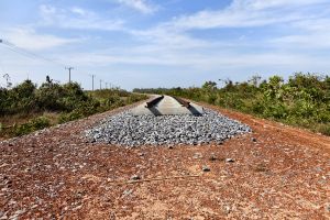 Kampot province, Cambodia. Dec 2011. Rehabilitation of the railway network by Tso (France) + Toll (Australia). Are considered “safe” (cleared of unexploded ordnance-landmines) 5 m - 5m right and left from the center of the railroad.