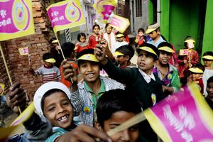 A group of Children from the Bulawa Toli, who take responsibility to get children under 5 years to the booth by knocking on each door, Moradabad, Uttar Pradesh