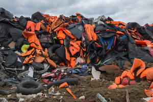 Some of the tens of thousands of lifejackets in the landfill near Molyvos, Lesbos. March 15, 2016.