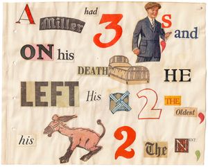 "Puss in Boots" rebus scrapbook by Helen Ardrey, page 1.
