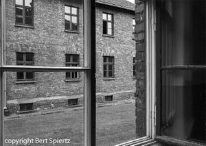 Auschwitz, view through a window in a barrack