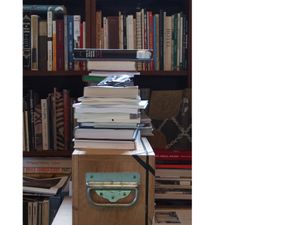 Studio house books and shipping crate, Madison, WI, 2018,