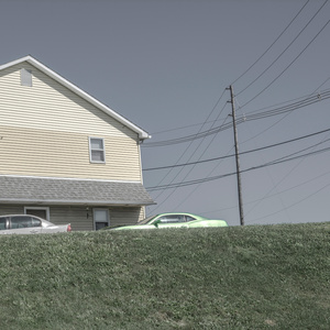 A Yellow House and a Lime Green Car above a Grassy Knoll.