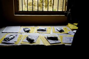 data sheets and markers are organized for distribution in Bhiwandi, Maharashtra