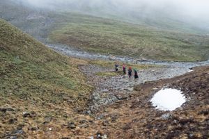 Women walk back to camp together as the weather deteriorates. Upper Dolpo, Nepal, June 2017.