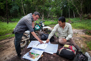 ADF’s archaeologists Dr. Jean-Baptiste Chevance and Sakada Sakhoeun at Kulen’s O’Paong temple. Siem Reap Province, Cambodia.