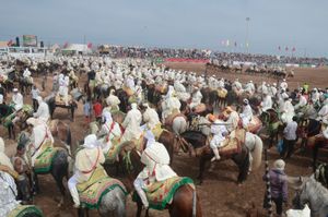 The corralling sorba ( riding troops ) wait anxiously before forming charge lines. Moulay Abdellah Amghar , Doukkala, Morocco