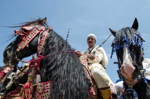 Rider proudly shows his horse as he awaits a judges decision . Tafetechte, Morocco