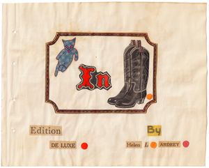 "Puss in Boots" rebus scrapbook by Helen Ardrey, title page.