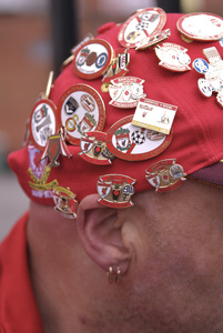 Liverpool supporter with memorabilia, before the match with Charlton Athletic. Anfield, Liverpool. 13 May 2007.