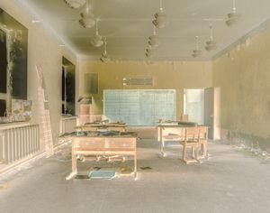 The abandoned children's class room in the Russian coal mining ghost town Pyramiden in Svalbard.