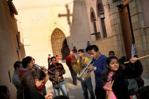 A music band is playing during a celebration a priest's jubilee.                   The Coptic World © Bert Spiertz