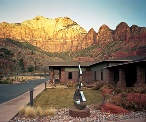 Sculpture, library and cliffs, Springdale, UT