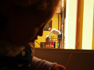 Margot preparing breakfast with me while Domenico hangs out laundry