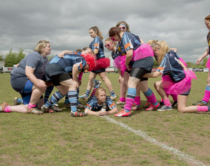 Topsham Ladies Rugby Club team. Post match dressing up