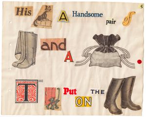 "Puss in Boots" rebus scrapbook by Helen Ardrey, page 5.