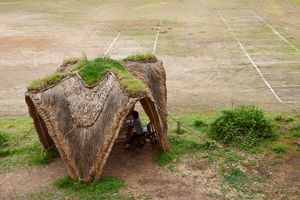 ‘Reclaimed by Nature or Man’, structure made out of different wild grasses woven hut.