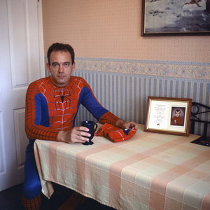 Mike Wiffen. Original Member of Fathers-4-Justice, at home, Manchester UK. August 2004