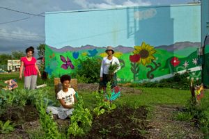 These Detroit residents tend one of the estimated 750 gardens in Detroit in an effort to change negative trends. About 80% of the city’s residents purchase their food at fringe food retailers such as liquor stores, gas stations and dollar stores (reference: Mari Gallagher).  A poor economy, unemployment rates above 25% and poor public transportation contribute to the food crisis.© Nicholas Gregory