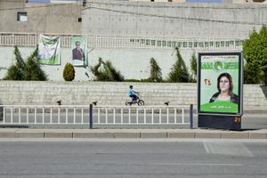 Election flags of the Patriotic Union of Kurdistan party in Salim Street, Slemani. © Tom Verbruggen