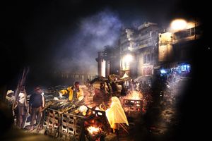 Hindu Cremation Ceremony of Human Body at Manikarnika Ghat in Varanasi
