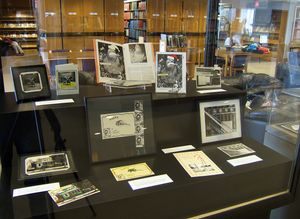 UW-Madison Kohler Art Library, installation view- 1st case: LK "About Time" cards & their sources exhibit, 2005.