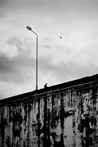 Man stares at the sea from the top of the pier, Ponta Delgada, Azores, Portugal, 2005