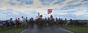 Gauchito Gil devotees early morning procession bringing the cross the popular saint temple for the January 8 celebrations in Mercedes town