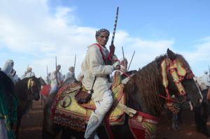 A seasoned and proud fantasia rider poses stoically atop his horse in the trooping of the sorbas ( riding teams). Seffrou, Morocco