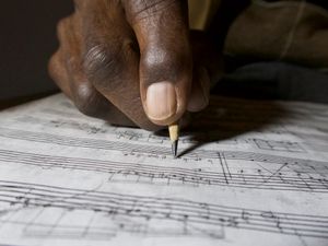 Composer, George Walker working on his new work Sinfonia No 5 for Orchestra "Visions" 2017