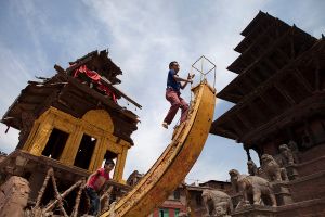 Children play on a broken temple in Bhaktapur, Nepal on 5 May 2015.