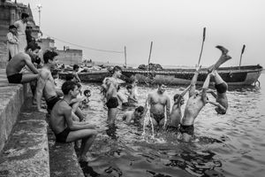 Swimming lessons in the river.