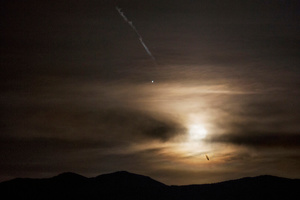 Almost full moon, Jupiter and a jet flying over, O'Toole Ranch, Reese River, Nevada 2016
